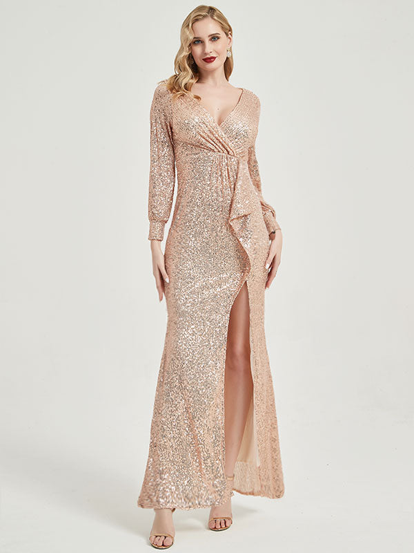 Champagne Gold Sequin Long Sleeves Maxi Mermaid Evening Dress With Slit