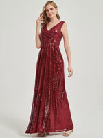 Wine Red V Cutting Sleeveless Sequined Bridesmaid Dress - Dawson