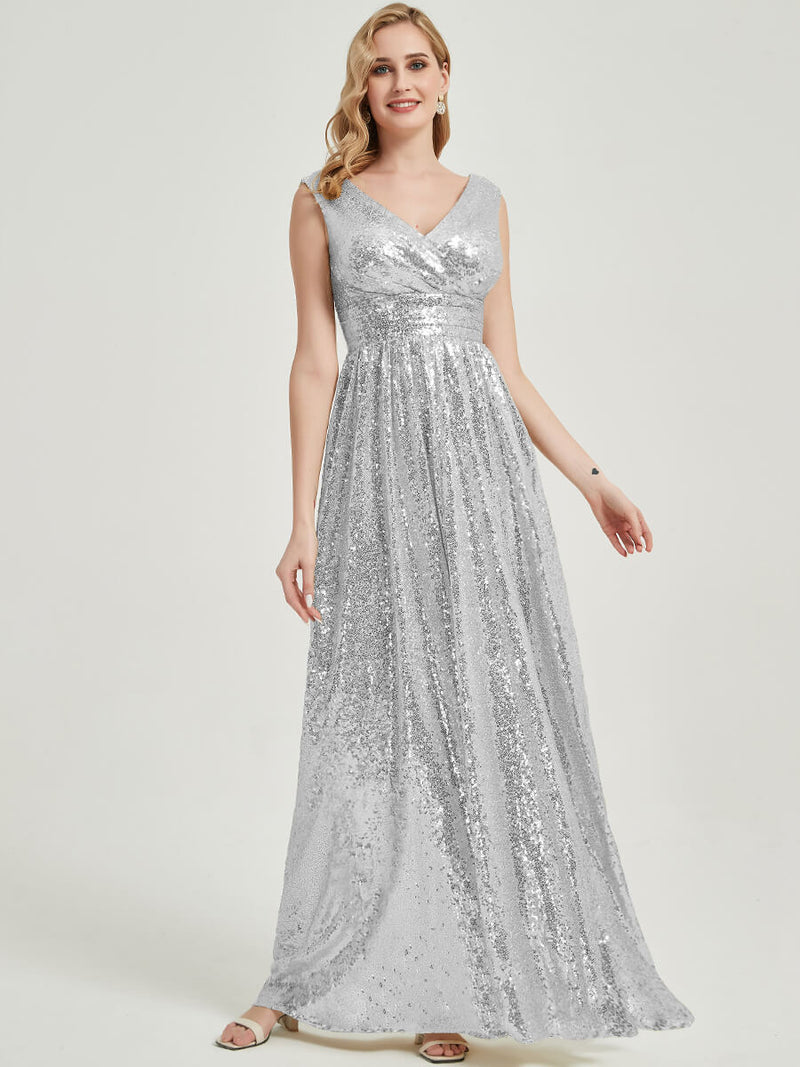 Silver Grey V Cutting Sleeveless Sequined Bridesmaid Dress - Dawson
