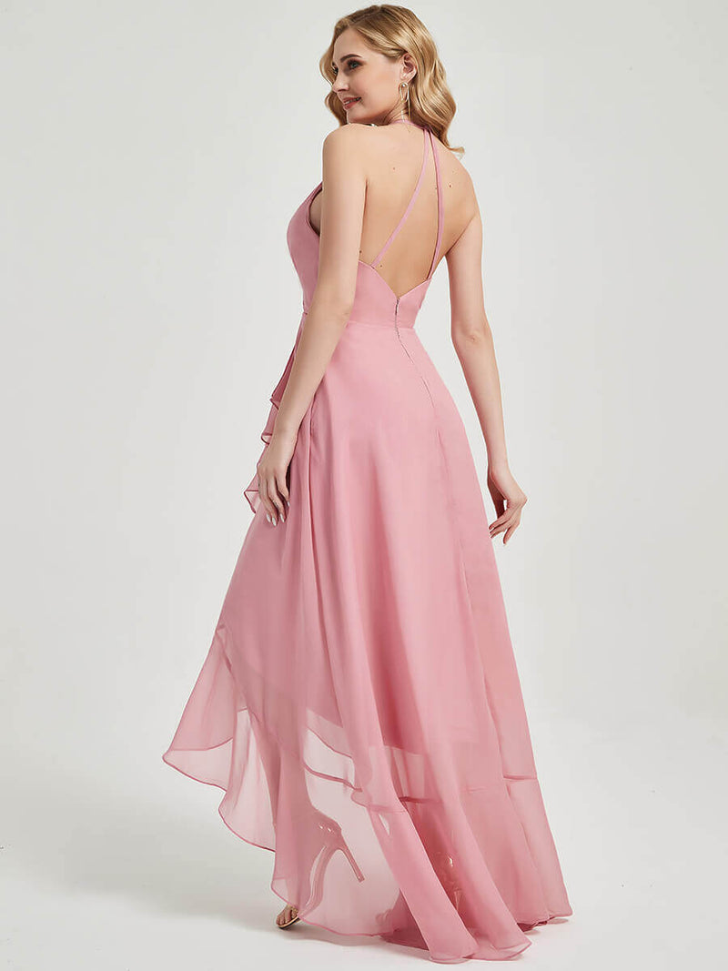 Candy Pink Asymmetrical Chiffon Bridesmaid Dress With V Neckline