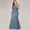 Navy Blue Plus Size Leaves Sequined Lace Tulle Mermaid Evening Dress